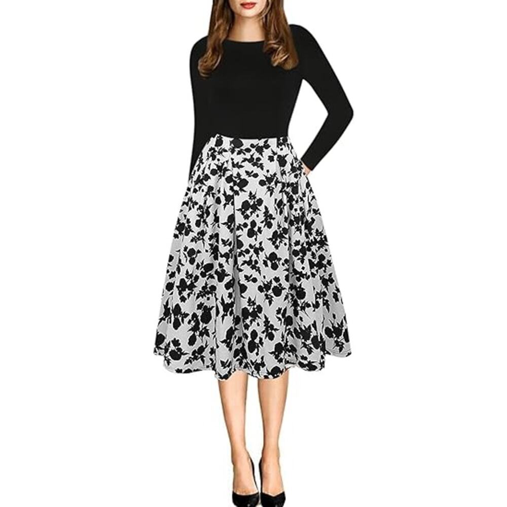 OXIULY FASHION Fit & Flare Dress Long Sleeve Side Pocket Floral Black White Sz M
